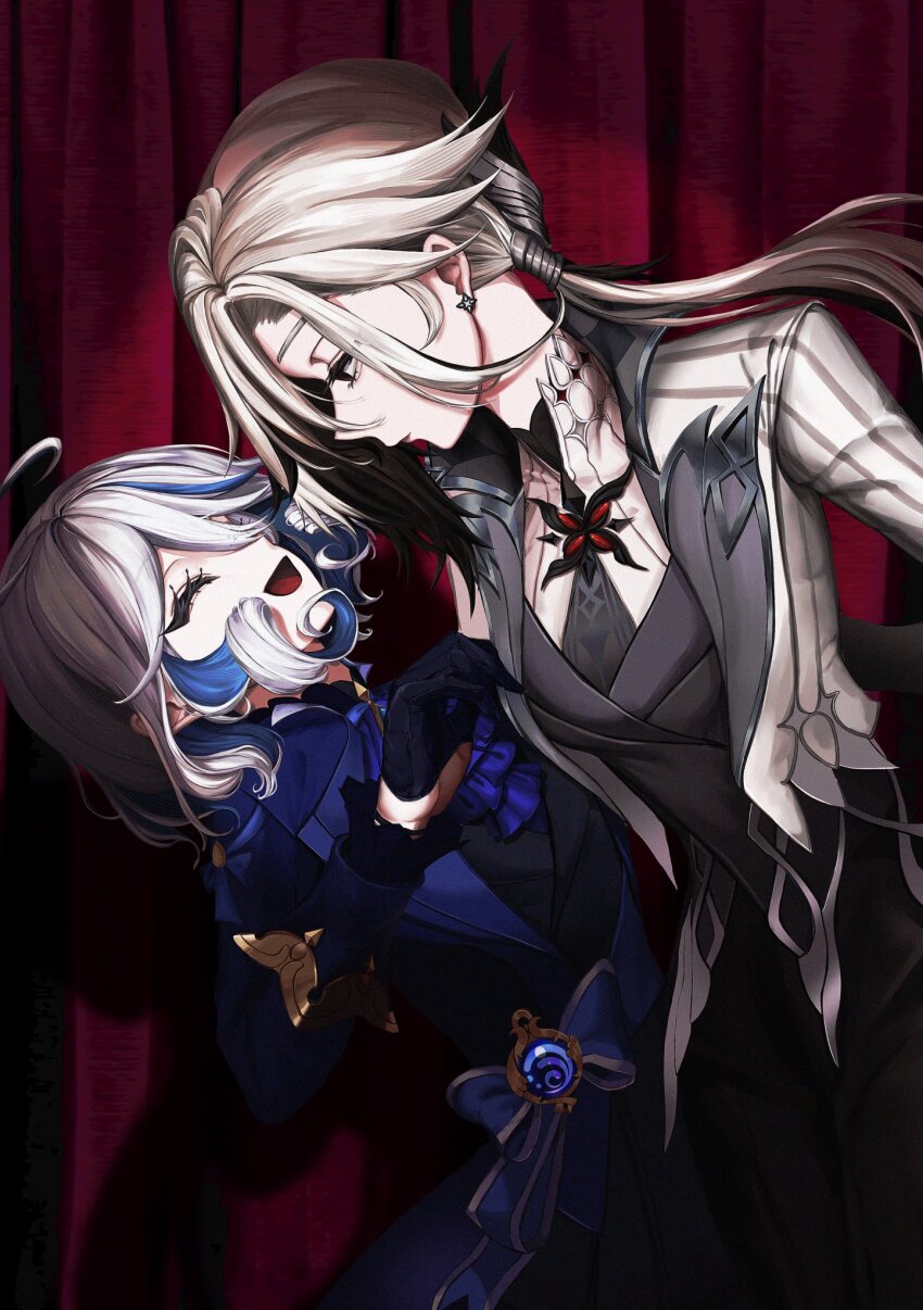 2girls ahoge arlecchino_(genshin_impact) ascot behh0099 black_eyes black_gloves black_necktie black_pants black_shirt black_vest blue_ascot blue_bow blue_gemstone blue_hair blue_jacket blue_sash bow closed_eyes closed_mouth cowboy_shot curtains earrings english_text flower_ornament formal_clothes furina_(genshin_impact) gem genshin_impact gloves hair_ornament hand_up highres jacket jewelry lapels long_hair long_sleeves looking_at_another looking_down low_ponytail multicolored_hair multiple_girls necktie no_headwear open_clothes open_jacket open_mouth pants ponytail red_pupils sash shadow shirt short_hair sidelocks smile standing striped_clothes striped_jacket suit suit_jacket symbol-shaped_pupils two-tone_hair vertical-striped_clothes vertical-striped_jacket vest vision_(genshin_impact) white_hair white_jacket white_shirt x-shaped_pupils yuri