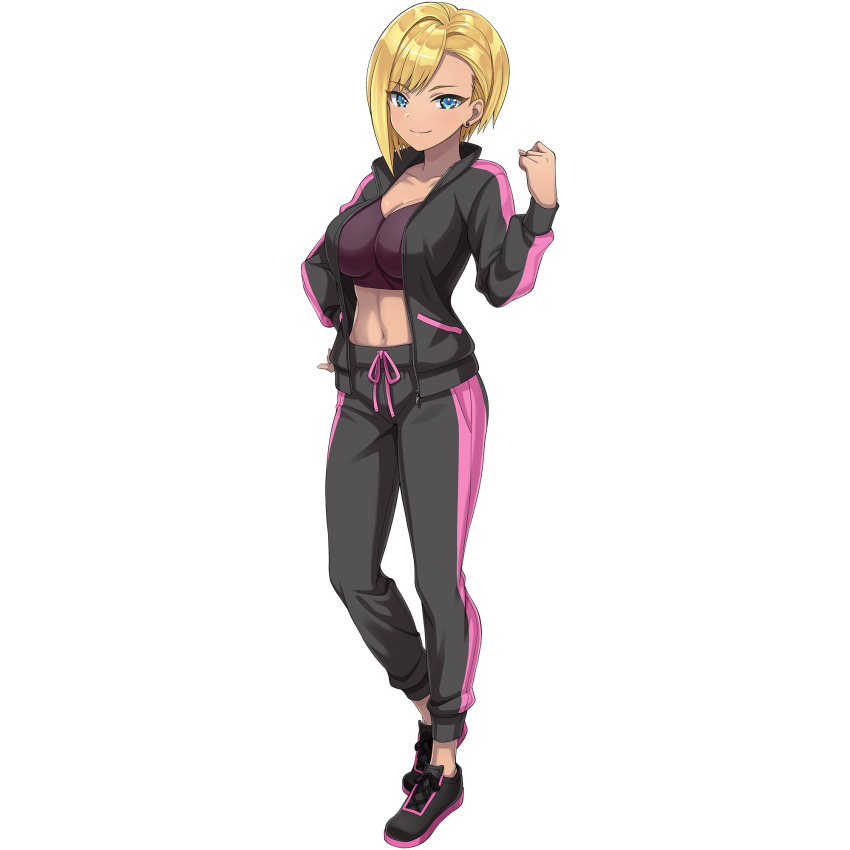 1girl arm_up black_jacket black_pants black_shoes blonde_hair blue_eyes breasts cleavage closed_mouth crop_top dark-skinned_female dark_skin diving_suit dolphin_wave dutch_angle earrings game_cg hand_on_own_hip highres jacket jewelry large_breasts looking_at_viewer multicolored_jacket murahaya_mashio navel non-web_source official_art ootomo_takuji open_clothes open_jacket pants purple_shirt shirt shoes short_hair smile solo sweatpants swept_bangs transparent_background two-tone_jacket two-tone_pants