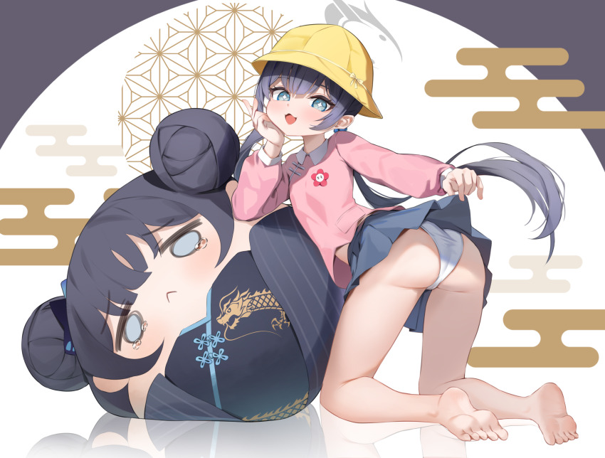 +_+ 1girl ass bare_legs barefoot black_hair blue_archive blue_eyes character_doll chibi clothes_lift commentary doll egasumi feet flower_pin grey_halo grey_skirt hair_bobbles hair_ornament halo hat head_rest highres kindergarten_uniform kisaki_(blue_archive) kisaki_(kindergarten_uniform)_(blue_archive) kneeling lifting_own_clothes long_hair long_sleeves looking_at_viewer miniskirt open_mouth panties pink_shirt pleated_skirt school_hat shirt shuvi_(shuvi1125) skirt skirt_lift smile soles solo souvenir_doll_(blue_archive) stuffed_toy toes twintails underwear white_panties yellow_hat