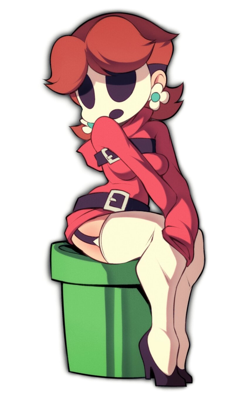 absurdres belt brown_hair cosplay high_heels highres mario_(series) mask nintendo princess_daisy shy_guy_(cosplay) sitting thick_thighs thighhighs thighs wildblur