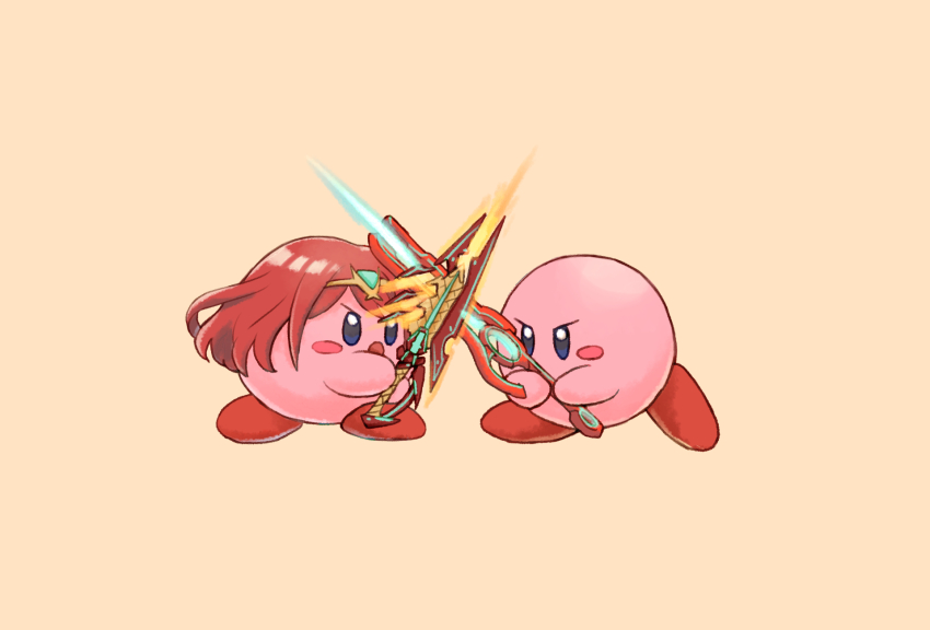 2others blue_eyes copy_ability cosplay fighting full_body fuwamoko_momen_toufu highres kirby monado multiple_others nintendo pyra_(xenoblade)_(cosplay) red_hair short_hair shulk_(xenoblade)_(cosplay) simple_background super_smash_bros. sword weapon xenoblade_chronicles_1 xenoblade_chronicles_(series) xenoblade_chronicles_2