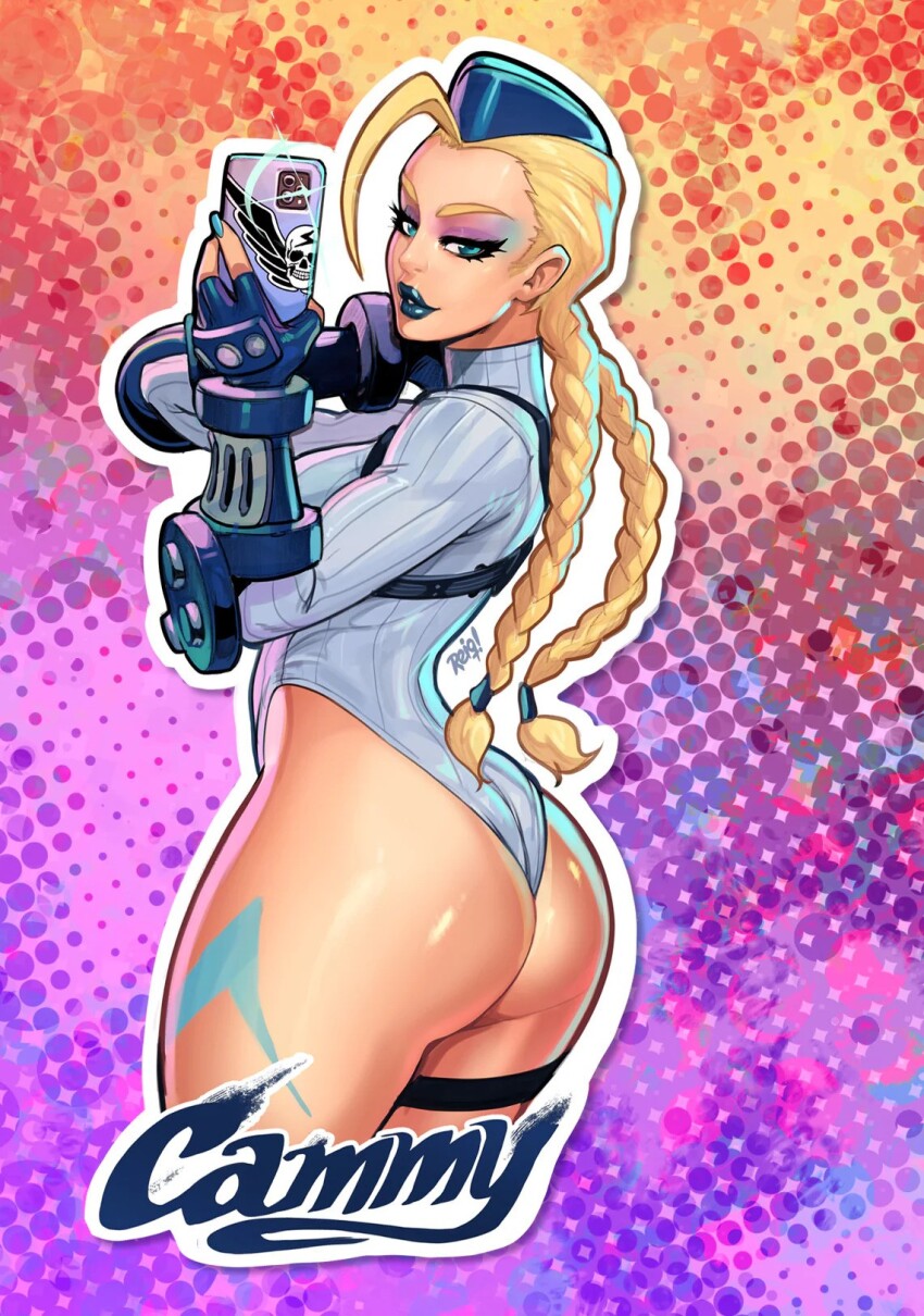 1girl ass beret black_lips blonde_hair braid cammy_white capcom character_name eyeshadow gauntlets hat highleg highleg_leotard highres holding holding_phone huge_ass legs_together leotard lightning_bolt_symbol long_hair makeup mobile_phone phone reiq revealing_clothes selfie shiny_skin skindentation smile street_fighter thong_leotard twin_braids very_long_hair white_leotard