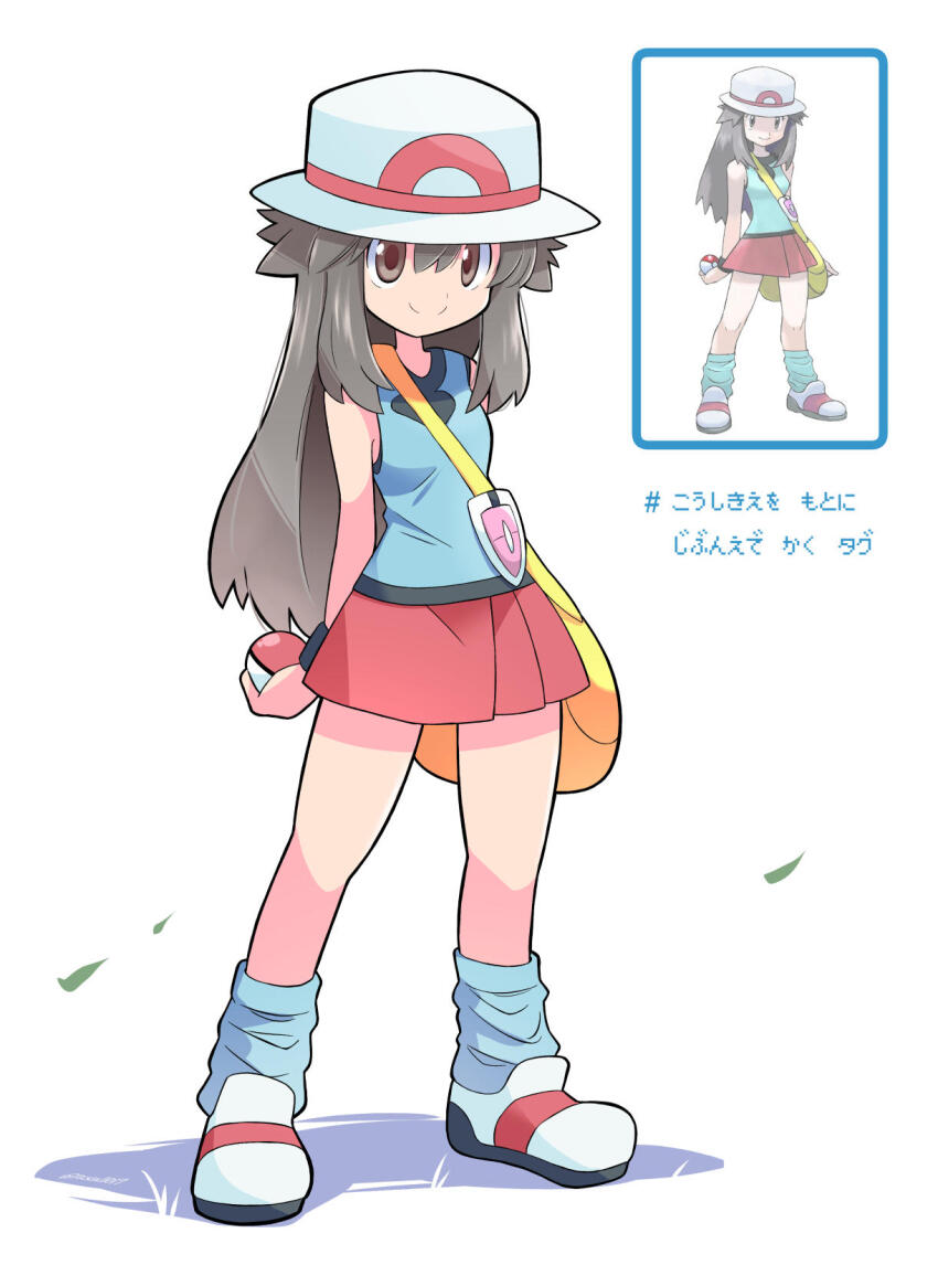 1girl blue_tank_top brown_eyes brown_hair bucket_hat closed_mouth full_body hat highres holding holding_poke_ball leaf_(pokemon) long_hair looking_at_viewer loose_socks miniskirt nintendo poke_ball poke_ball_(basic) pokemon pokemon_frlg rascal_(feuille) red_skirt shadow simple_background skirt smile socks solo tank_top vs_seeker white_background white_hat wristband yellow_bag