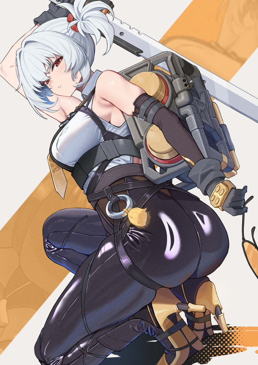1girl absurdres arm_up ass black_gloves black_pants breasts chest_harness cosplay elbow_gloves evelyn_chevalier evelyn_chevalier_(cosplay) gloves harness high_heels highres holding holding_removed_eyewear holding_sword holding_weapon looking_at_viewer looking_back medium_breasts pants parted_lips ramanda red_eyes shirt single_elbow_glove skindentation sleeveless sleeveless_shirt soldier_11_(zenless_zone_zero) solo squatting sword tight_clothes tight_pants unworn_eyewear weapon white_hair white_shirt zenless_zone_zero