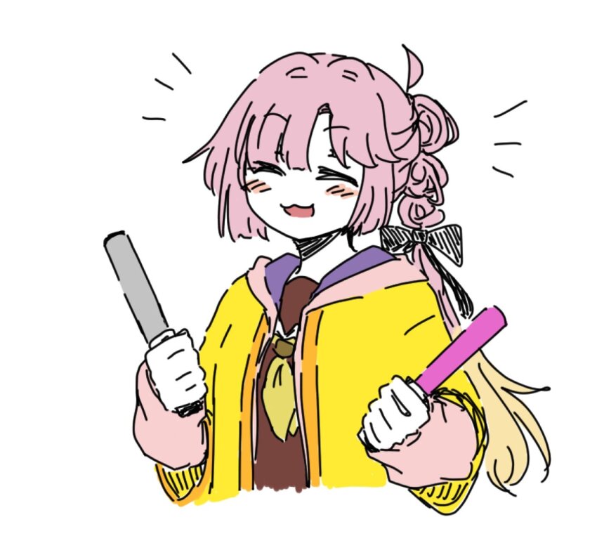 1girl :3 :d ^_^ ahoge anyoji_hime black_ribbon blonde_hair blunt_bangs blush brown_dress closed_eyes commentary_request cropped_torso dress facing_viewer glowstick gradient_hair hair_ribbon hasu_no_sora_school_uniform highres holding holding_glowstick hood hooded_jacket jacket korean_commentary link!_like!_love_live! long_hair long_sleeves love_live! love_live!_series_asia_tour_2024 multi-tied_hair multicolored_hair neckerchief notice_lines open_clothes open_jacket open_mouth penlight_(glowstick) pink_hair pink_jacket ponytail raon_515 ribbon sailor_collar sailor_dress school_uniform sidelocks simple_background smile solo very_long_hair virtual_youtuber white_background white_sailor_collar winter_uniform yellow_happi yellow_neckerchief