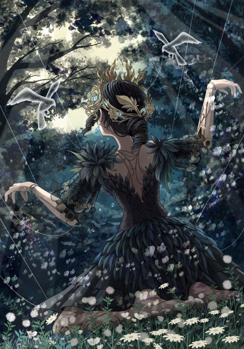 1girl barefoot bird black_hair black_skirt day doll_joints earrings emma_woods emma_woods_(monstrous_bird) facing_away flower headpiece highres identity_v jewelry joints outdoors puppet_strings ru-san_0617 sidelocks sitting skirt solo