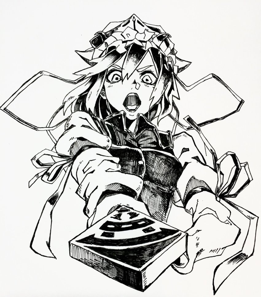 1girl breasts commentary_request cropped_torso crosshatching frilled_hat frills greyscale hair_between_eyes hand_on_own_hip hat hatching_(texture) highres holding juliet_sleeves linear_hatching long_sleeves looking_at_viewer medium_breasts medium_hair monochrome omao open_mouth pointing pointing_at_viewer puffy_sleeves ribbon rod_of_remorse shiki_eiki sleeve_ribbon solo touhou traditional_media upper_body v-shaped_eyebrows vest
