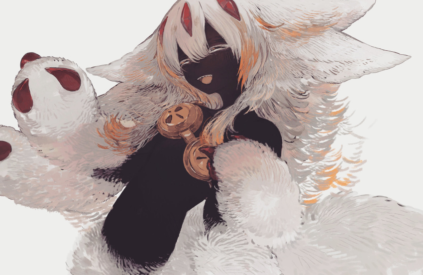1girl ^_^ animal_ears black_skin closed_eyes colored_skin dark-skinned_female dark_skin extra_arms facing_viewer faputa fewer_digits flat_chest flipped_hair grey_hair hands_up happy highres improvised_armor long_hair made_in_abyss monster_girl multicolored_hair nekosuke_(oxo) open_mouth orange_hair sharp_teeth sidelocks simple_background smile solo streaked_hair teeth upper_body white_background white_fur white_hair
