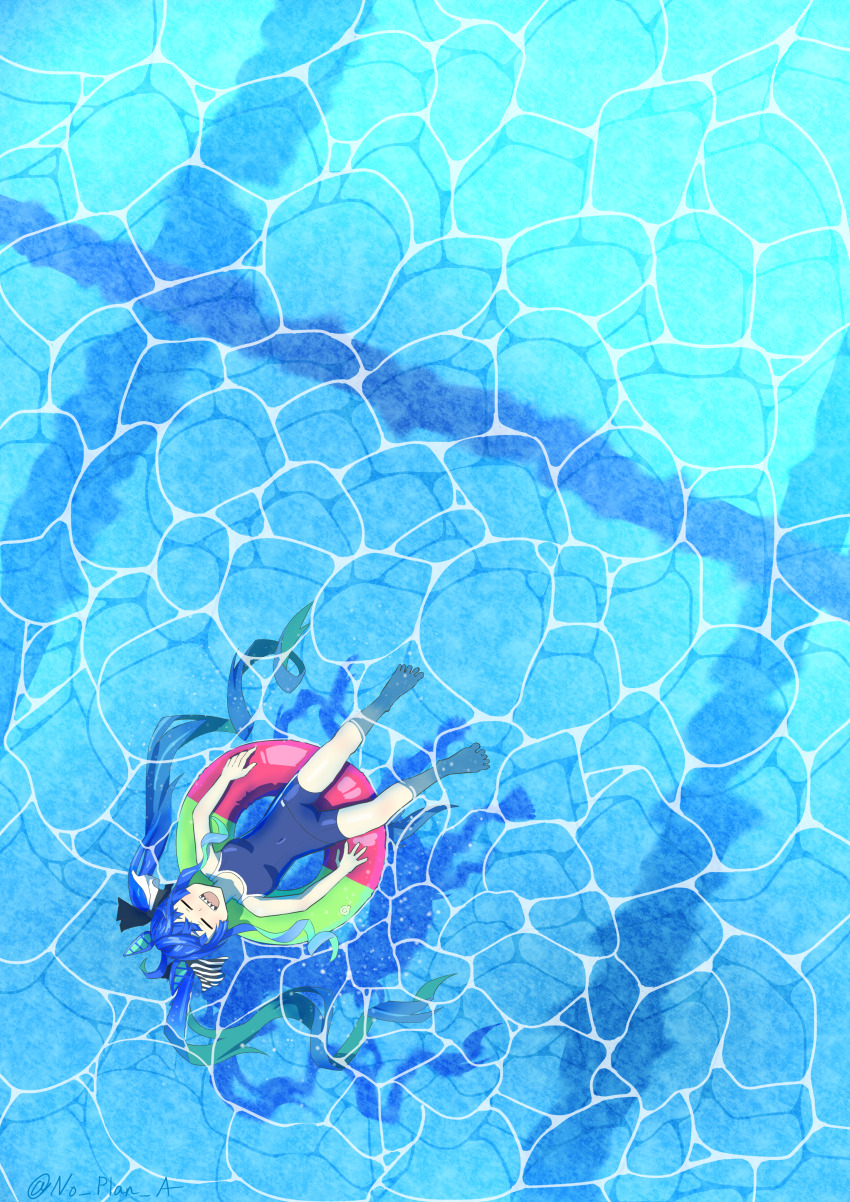 1girl :d =_= absurdres afloat ahoge animal_ears aqua_hair barefoot blue_hair blue_one-piece_swimsuit bow caustics closed_eyes commentary covered_navel crossed_bangs from_above green_innertube hair_bow highres horse_ears horse_girl horse_tail innertube long_hair multicolored_hair no_plan_a on_innertube one-piece_swimsuit open_mouth pink_innertube pool school_swimsuit shadow sharp_teeth sidelocks smile solo striped_bow swim_ring swimsuit tail teeth tracen_swimsuit twin_turbo_(umamusume) twintails twitter_username two-tone_hair umamusume upper_teeth_only very_long_hair water wide_shot