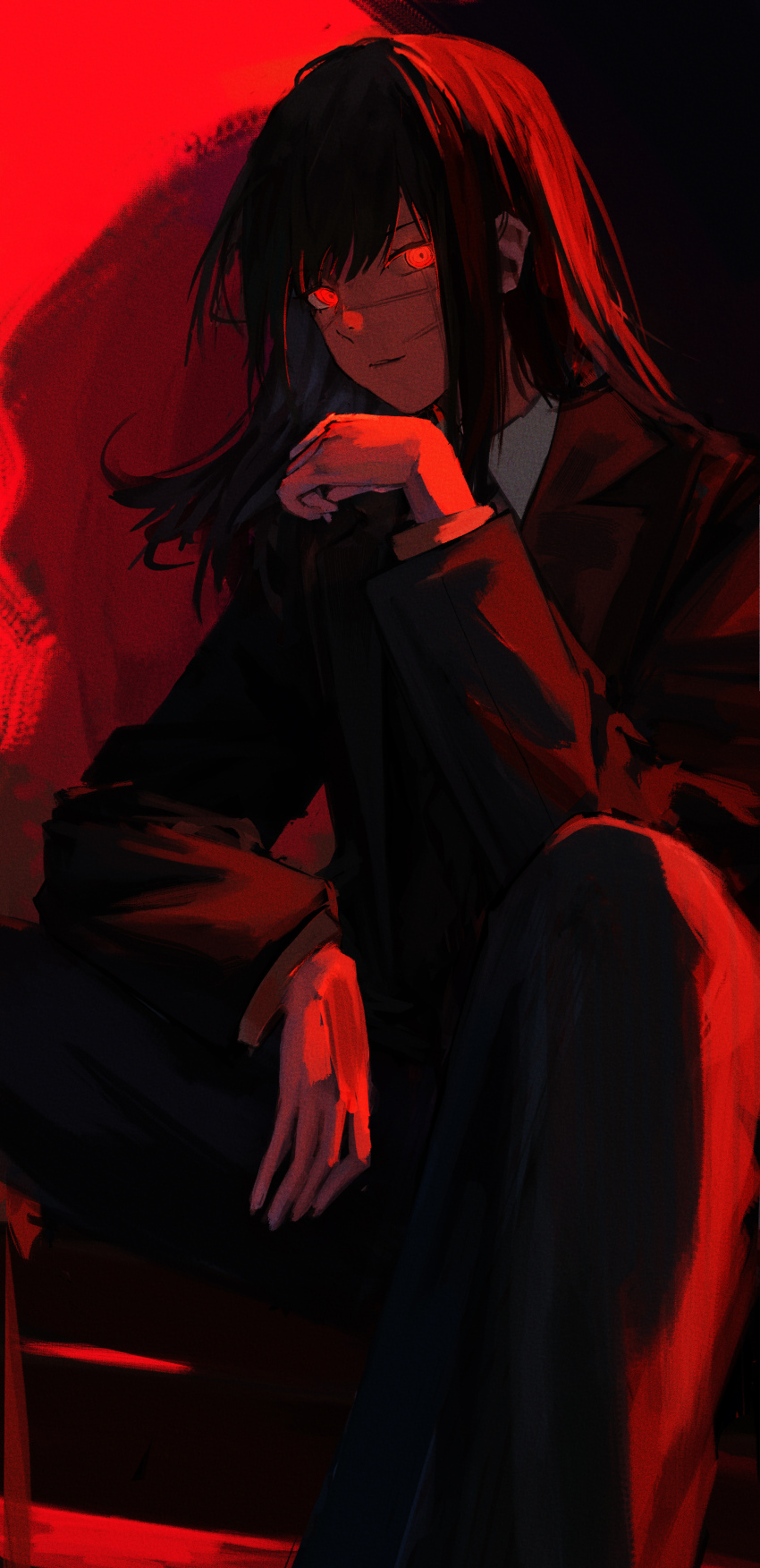 1girl absurdres black_hair black_jacket black_pants chainsaw_man closed_mouth facial_scar formal_clothes haimaotuanzi highres jacket long_hair looking_at_viewer pant_suit pants red_eyes red_theme scar scar_on_cheek scar_on_face scar_on_nose solo suit suit_jacket