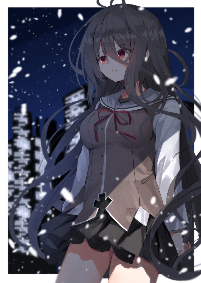 1girl absurdres antenna_hair arms_at_sides black_hair black_skirt blurry blurry_background border breasts brown_vest closed_mouth commentary cowboy_shot depth_of_field eyes_visible_through_hair film_grain floating_hair g-senjou_no_maou hair_between_eyes highres impossible_clothes long_hair long_hair_between_eyes looking_ahead medium_breasts miniskirt night nodoameyatou outdoors outside_border pleated_skirt red_eyes red_ribbon ribbon sailor_collar serasuku shirt skirt snowing solo split_mouth usami_haru very_long_hair vest white_border white_sailor_collar white_shirt winter