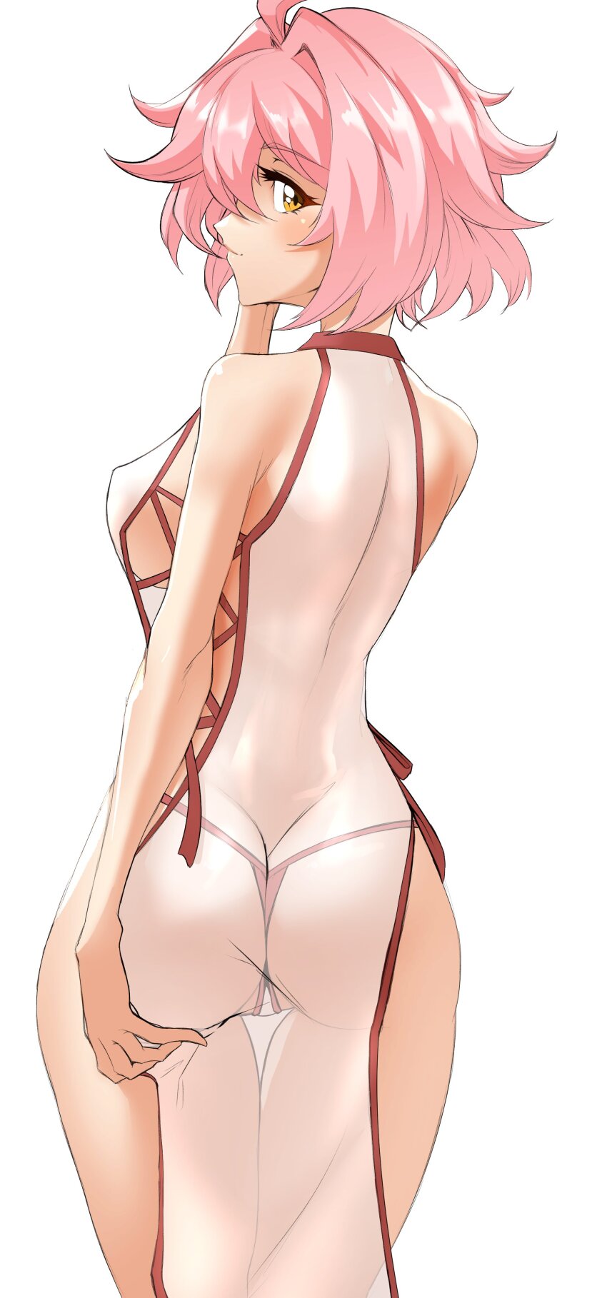 1girl absurdres ass breasts brown_eyes commentary deekei dress from_behind hand_on_own_ass highres looking_to_the_side original panties pink_hair profile red_panties see-through_clothes see-through_dress short_hair side-tie_dress sideboob simple_background solo string_panties thigh_gap tohno_amane_(deekei) underwear white_background