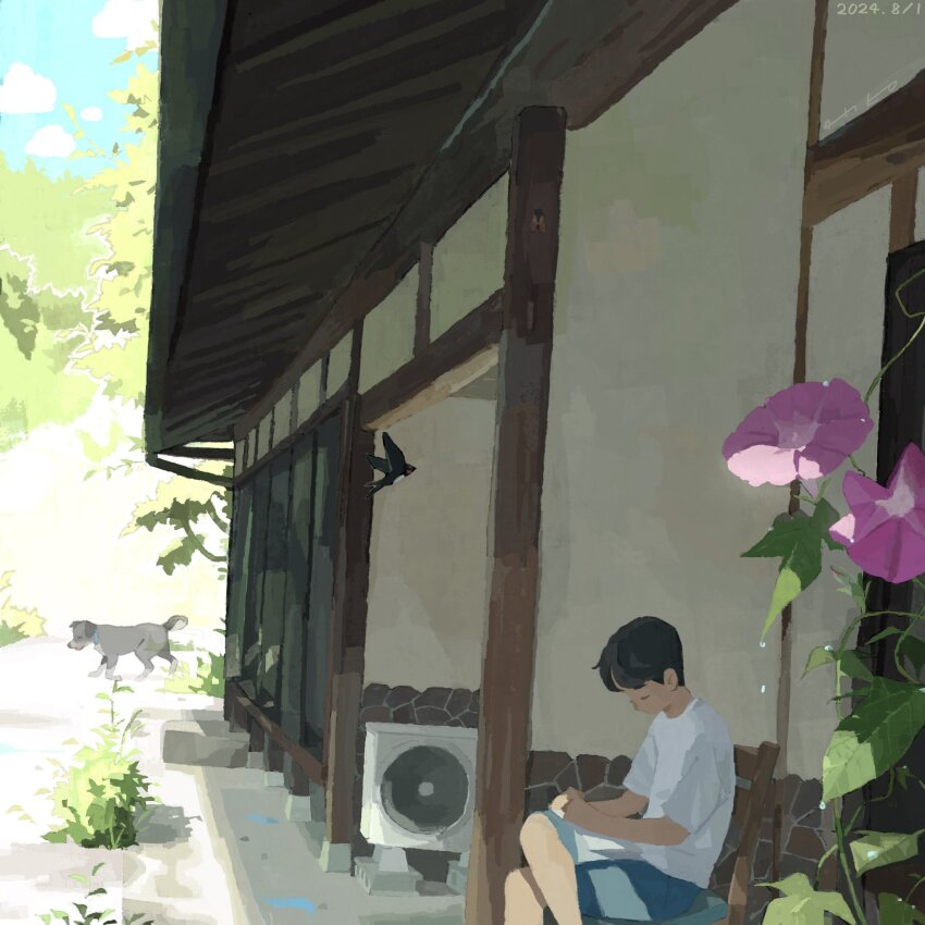 1boy animal bird black_hair blue_shorts building chair closed_eyes condenser_unit crossed_legs dated day dog flower haragayowainja highres house male_focus morning_glory original own_hands_together scenery shirt short_hair short_sleeves shorts sitting solo t-shirt white_shirt wide_shot