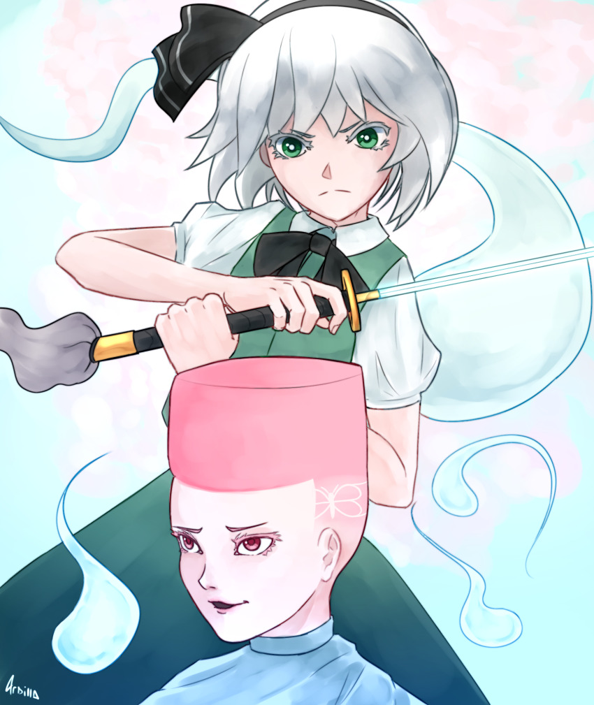 2girls 4rdilla barber barber_cape barber_chair black_hairband bug butterfly choso_giving_toudou_a_haircut_(meme) commentary english_commentary eyelashes eyeliner fade_(haircut) ghost green_skirt green_vest grey_hair hairband highres holding holding_sword holding_weapon insect katana konpaku_youmu konpaku_youmu_(ghost) makeup meme multiple_girls perfect_cherry_blossom pink_eyeliner pink_eyes pink_hair saigyouji_yuyuko short_hair simple_background skirt skirt_set smile sword touhou very_short_hair vest weapon white_eyeliner white_hair