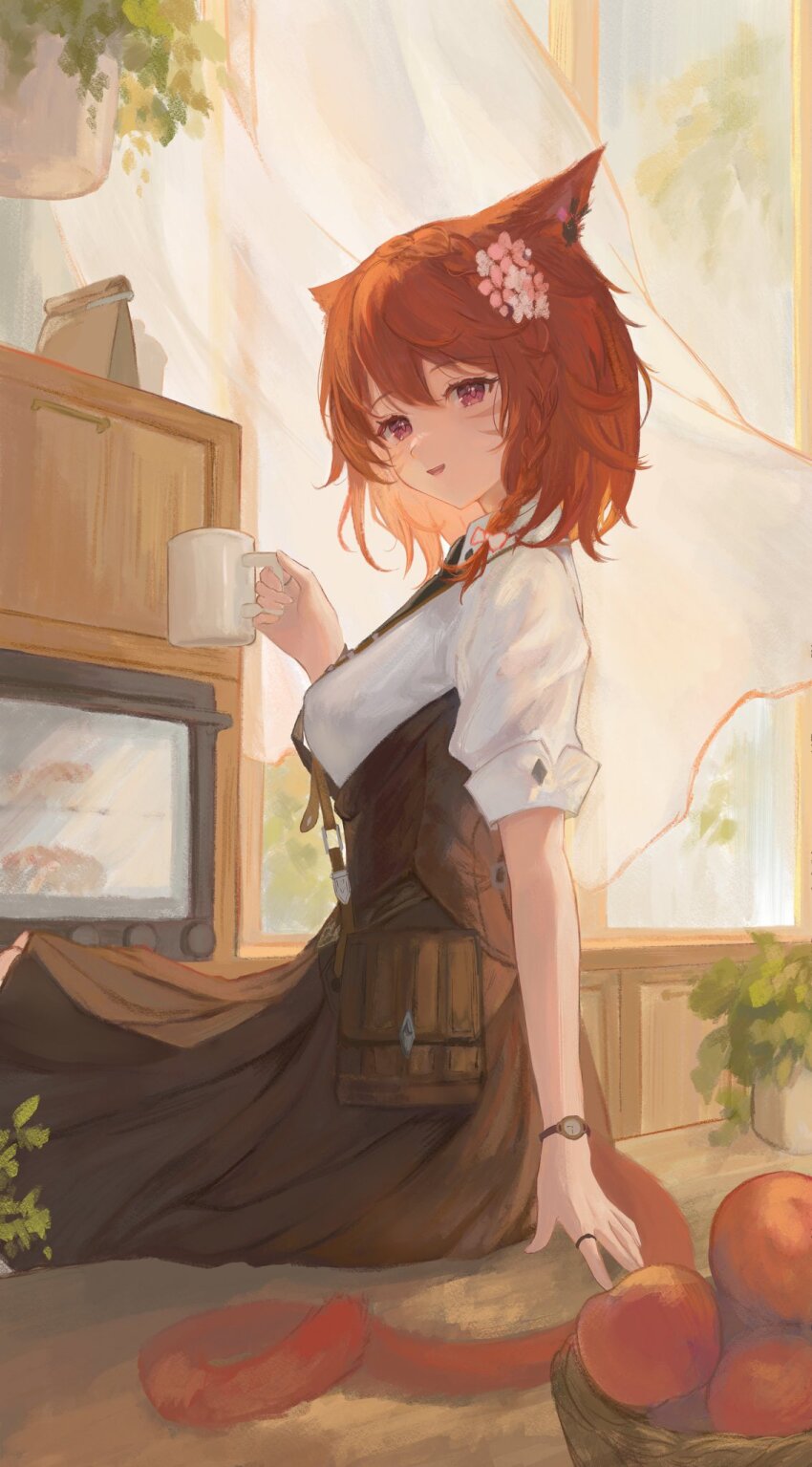 1girl animal_ears apple bag braid brown_hair brown_skirt cat_ears cat_girl cat_tail cup curtains facial_mark final_fantasy final_fantasy_xiv flower food fruit hair_flower hair_ornament highres holding holding_cup jewelry medium_hair miqo&#039;te necktie noyuri_(noyuriin) oven plant potted_plant purple_eyes ring shirt short_sleeves shoulder_bag single_braid sitting skirt spriggan_(final_fantasy) tail vest waistcoat watch whisker_markings white_shirt wristwatch