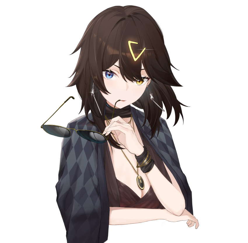 1girl absurdres aviator_sunglasses azur_lane bangle black_coat black_dress black_hair bracelet breasts chinese_commentary cleavage coat coat_on_shoulders commentary dress earrings georgia_(azur_lane) georgia_(south_town_pearl)_(azur_lane) hair_ornament heterochromia highres jewelry long_hair looking_at_viewer maoxian_qiu_wan_maoxian medium_breasts necklace official_alternate_costume pink_lips sunglasses upper_body white_background wristband