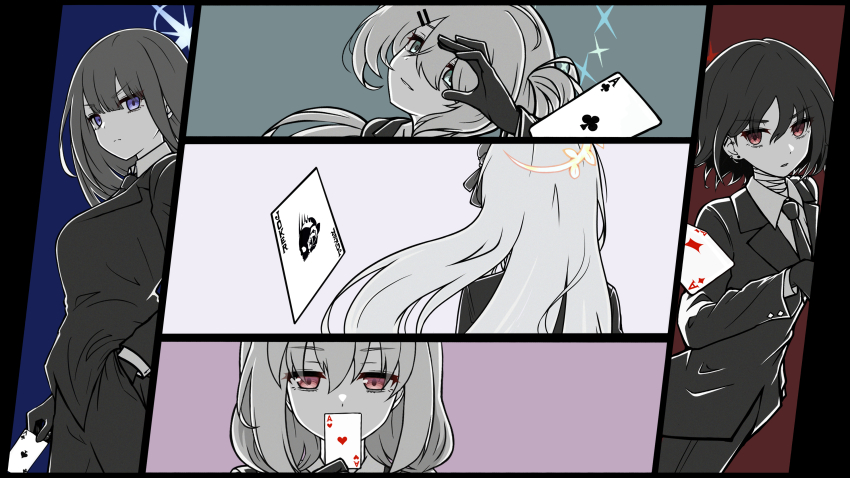 5girls absurdres ace_(playing_card) ace_of_clubs ace_of_diamonds ace_of_hearts ace_of_spades arius_squad_(blue_archive) atsuko_(blue_archive) azusa_(blue_archive) black_gloves black_hair black_jacket black_necktie black_pants black_suit blue_archive card club_(shape) collared_shirt covering_own_mouth diamond_(shape) floating_hair formal_clothes generic_33 gloves green_eyes hair_between_eyes hair_ornament hairclip halo heart highres hiyori_(blue_archive) jacket joker_(playing_card) misaki_(blue_archive) multiple_girls necktie ok_sign ok_sign_over_eye pants pink_eyes playing_card purple_eyes red_eyes saori_(blue_archive) shirt spade_(shape) suit suit_jacket white_hair white_shirt