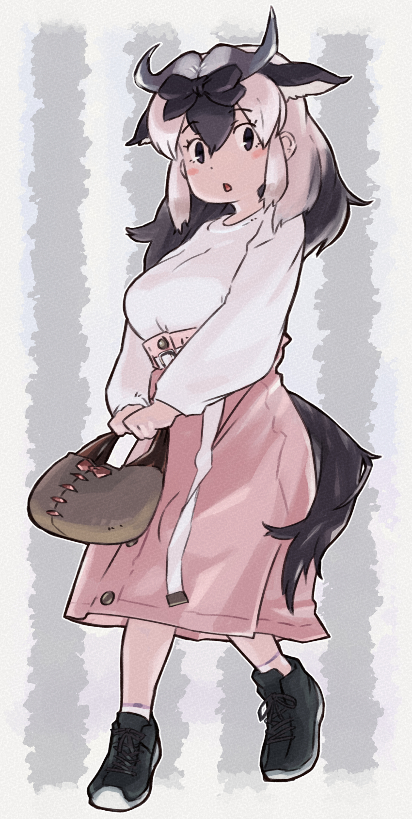 absurdres alternate_costume antelope_ears antelope_horns bag black_bow black_hair black_shoes blue_wildebeest_(kemono_friends) blush bow casual extra_ears hair_bow handbag high-waist_skirt highres kemono_friends long_sleeves multicolored_hair pink_skirt shoes short_hair sidelocks skirt sneakers solo sweater tail two-tone_hair white_hair white_sweater