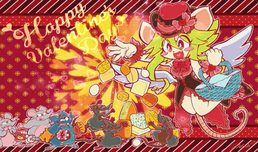 1girl animal_ears basket breasts frilled_hat frills gloves green_hair hat heart_(mad_rat_dead) highres leotard mad_rat mad_rat_dead mob_rat_(mad_rat_dead) mouse_(animal) mouse_ears mouse_girl mouse_tail nippon_ichi nonnon rat_god red_eyes tail top_hat wings wrist_cuffs