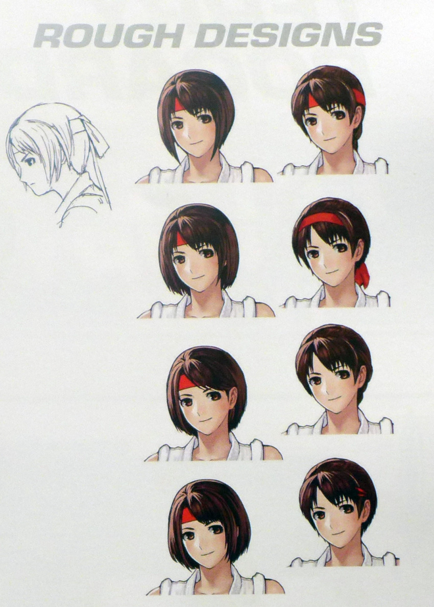 1girl braid braided_ponytail brown_eyes brown_hair dougi female_focus hair_ornament hairband headband karate_gi long_hair medium_hair pale_skin ponytail short_hair single_braid smiley_face the_king_of_fighters yuri_sakazaki
