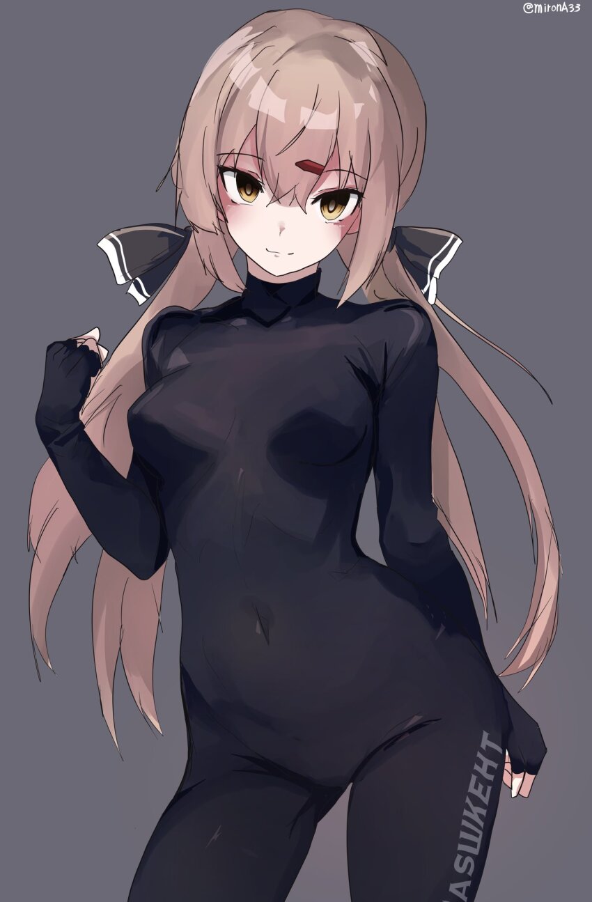 1girl alternate_costume black_bodysuit bodysuit breasts brown_eyes brown_hair character_name cyrillic english_text engrish_text grey_background highres kantai_collection long_hair looking_at_viewer low_twintails medium_breasts miron_(mirona33) ranguage russian_text simple_background solo standing tashkent_(kancolle) twintails typo