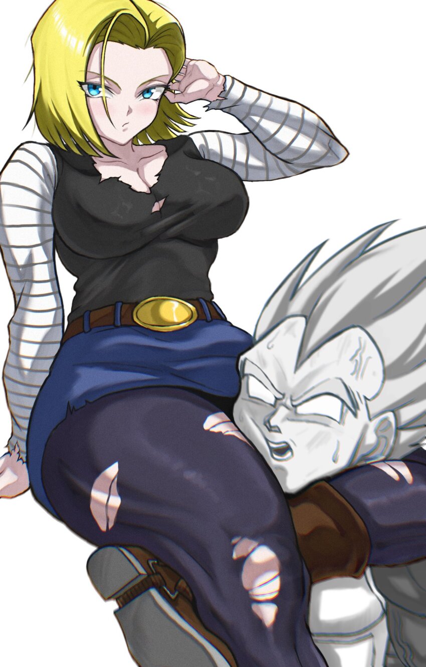 1boy 1girl android_18 between_thighs black_shirt blonde_hair blue_eyes blue_pantyhose blue_skirt breasts brown_gloves cleavage collarbone denim denim_skirt dragon_ball dragonball_z food gloves highres large_breasts miniskirt pantyhose shirt short_hair simple_background skirt solo super_saiyan super_saiyan_1 takundraws torn_clothes torn_pantyhose torn_shirt vegeta vegetable white_background