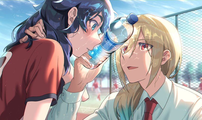 2boys afuro_terumi aged_up blonde_hair blue_eyes blue_hair blue_sky bottle collared_shirt dolustoy hand_on_own_neck highres holding holding_bottle inazuma_eleven_(series) inazuma_eleven_go kidokawa_seishuu kishibe_taiga long_hair looking_at_another male_focus multicolored_hair multiple_boys necktie open_mouth people playing_sports red_eyes red_necktie red_shirt shirt sky soccer_field soccer_uniform sportswear two-tone_hair water_bottle white_shirt