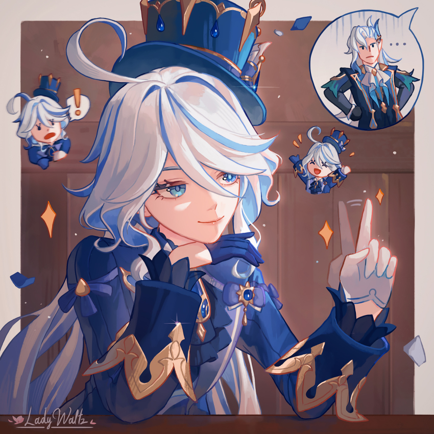 ... 1boy 1girl ace_attorney ahoge artist_name asymmetrical_gloves blue_eyes blue_gloves blue_hair blue_hat blue_jacket chibi commentary_request wagging_finger furina_(genshin_impact) genshin_impact gloves hand_up hat highres jacket ladywaltz long_hair long_sleeves mismatched_gloves multiple_views neuvillette_(genshin_impact) parody smile top_hat upper_body very_long_hair white_gloves white_hair