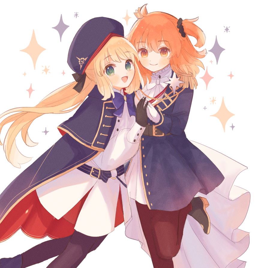 2girls :d ahoge artoria_caster_(fate) artoria_caster_(second_ascension)_(fate) artoria_pendragon_(fate) belt belt_buckle beret black_bow black_footwear black_gloves black_pantyhose black_scrunchie blonde_hair blue_belt blue_bow blue_cape blue_hat blue_jacket bow bowtie buckle cape closed_mouth crown dress epaulettes fate/grand_order fate_(series) fujimaru_ritsuka_(female) fujimaru_ritsuka_(female)_(halloween_royalty) gloves green_eyes hair_between_eyes hair_ornament hair_scrunchie hat hat_bow high_heels highres holding_hands jacket koromo_(osakana0525) leg_up long_hair long_sleeves looking_at_viewer medium_hair mini_crown multiple_girls official_alternate_costume one_side_up open_mouth orange_eyes orange_hair pantyhose puffy_sleeves red_pantyhose scrunchie simple_background smile sparkle twintails white_background white_dress white_gloves