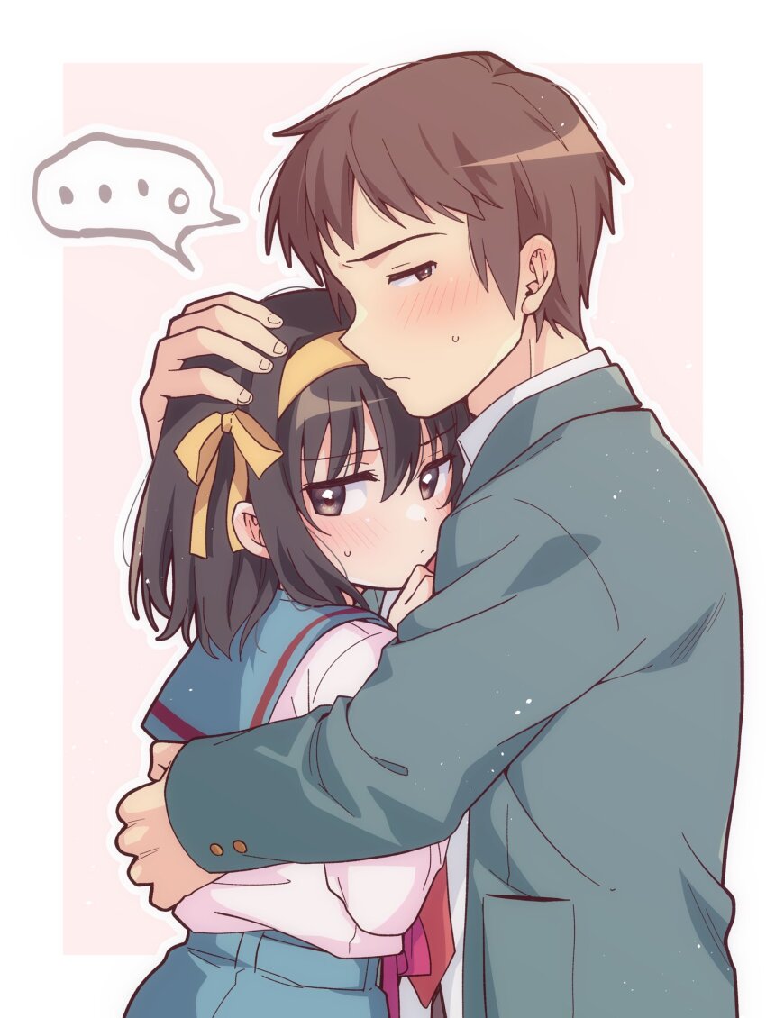 ... 1boy 1girl blazer blue_sailor_collar blue_skirt brown_eyes brown_hair collared_shirt commentary_request green_jacket hair_ribbon hairband hand_on_another&#039;s_head highres hug jacket kita_high_school_uniform kyon long_sleeves medium_hair necktie pleated_skirt red_necktie red_ribbon ribbon sailor_collar school_uniform serafuku shirt short_hair simple_background skirt spoken_ellipsis suzumiya_haruhi suzumiya_haruhi_no_yuuutsu taiki_(6240taiki) white_background white_shirt winter_uniform yellow_hairband yellow_ribbon