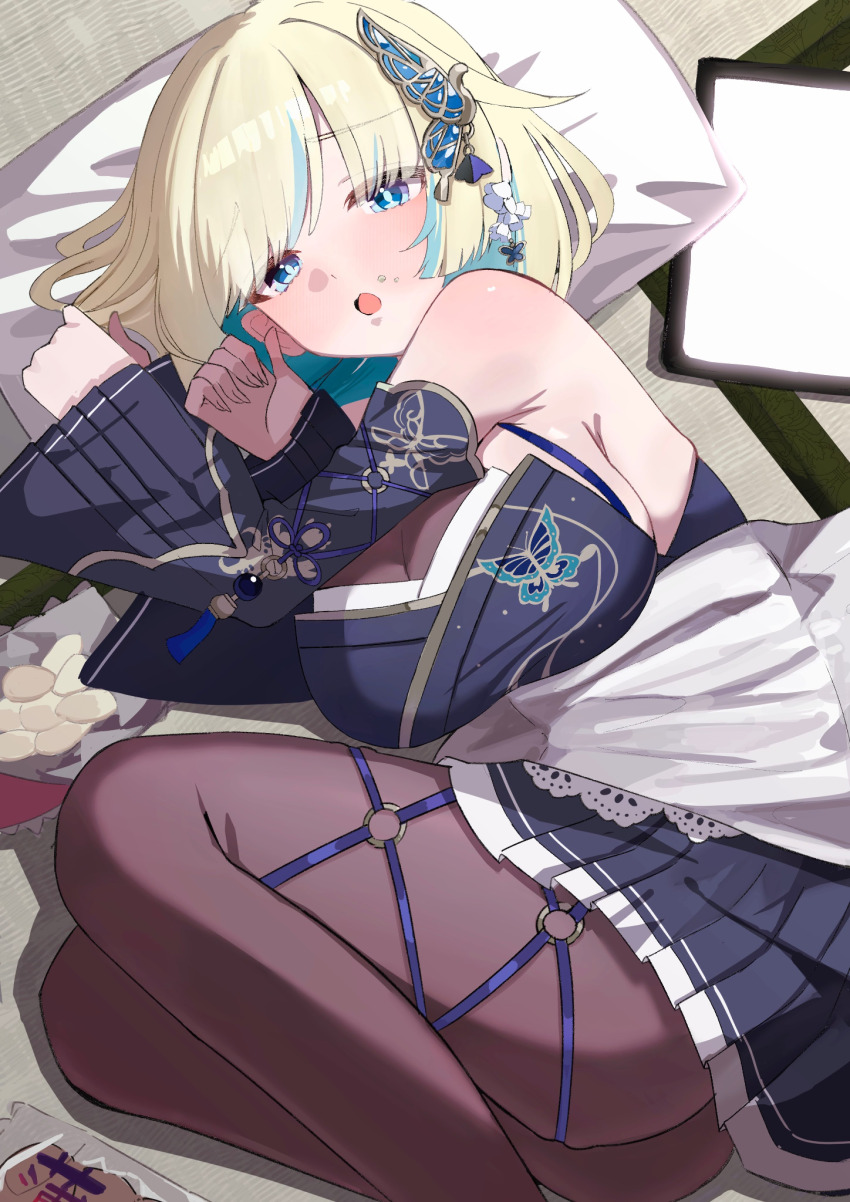 1girl :o aizawa_ema aizawa_ema_(5th_costume) animal_print aqua_hair aqua_streaks armpits ass backless_kimono bag_of_chips bare_shoulders black_pantyhose blanket blanket_over_midsection blonde_hair blue_butterfly blue_eyes blush breasts bug butterfly butterfly_earrings butterfly_hair_ornament butterfly_print chips_(food) colored_inner_hair crumbs detached_sleeves drawing_tablet dress earrings embarrassed fetal_position food furisode_sleeves gradient_hair hair_flaps hair_ornament halter_dress halterneck head_on_pillow highres insect japanese_clothes jewelry kimono kimono_dress large_breasts looking_at_viewer lying miniskirt multicolored_hair o-ring o-ring_thigh_strap on_side open_mouth pantyhose pillow pleated_skirt pleated_sleeves potato_chips see-through_cleavage see-through_clothes senbei short_hair sideboob skirt sleeveless sleeveless_kimono snack streaked_hair tatami thigh_strap thighs virtual_youtuber vspo! waking_up yofo