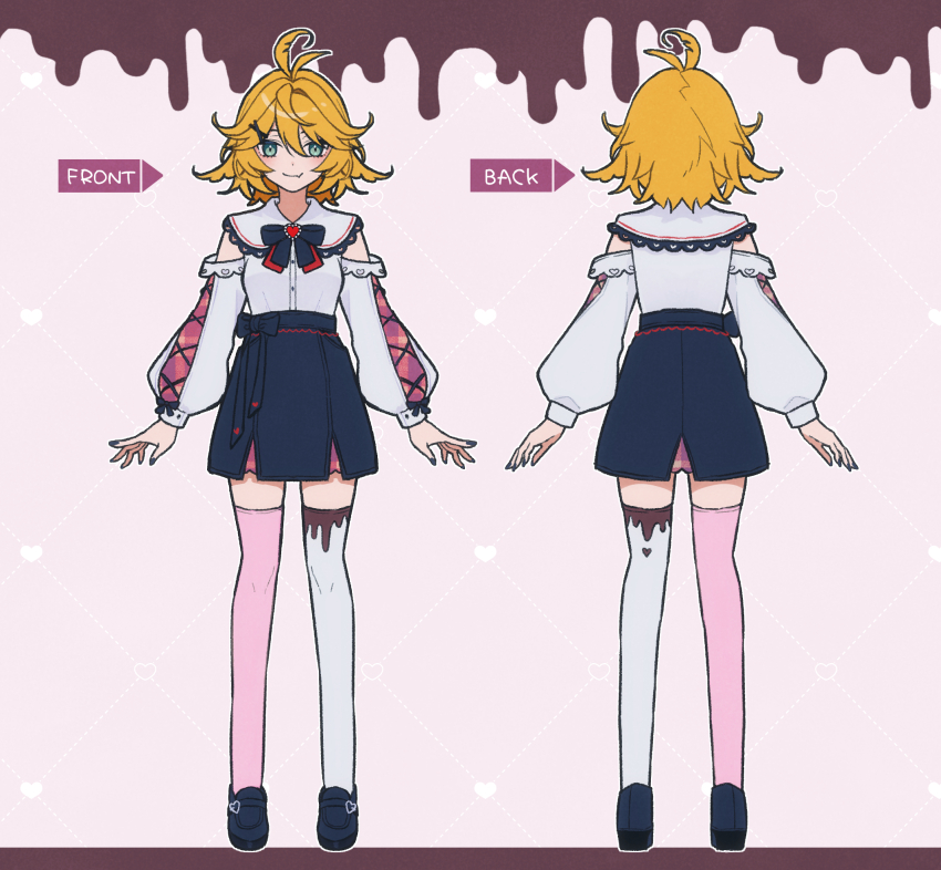 1girl ahoge alternate_costume aqua_eyes artist_request asymmetrical_legwear blonde_hair blue_shoes blue_skirt bow bowtie brooch closed_mouth detached_sleeves dokibird_(vtuber) dokibird_(vtuber)_(bounty_hunter) english_text fang from_behind full_body highres indie_virtual_youtuber jewelry long_sleeves multiple_views pink_background pink_thighhighs shirt shirt_tucked_in shoes short_hair skin_fang skirt smile straight-on thighhighs virtual_youtuber white_shirt white_thighhighs