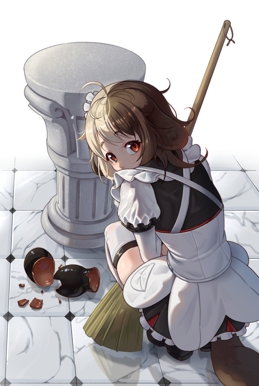 1girl ajidot animal_ears apron black_footwear broken_vase broom brown_hair dog_ears dog_girl dog_tail from_behind hachiko_of_castling highres last_origin looking_at_viewer maid maid_apron maid_headdress marble_(stone) marble_floor pillar red_eyes simple_background squatting sweatdrop tail thighhighs