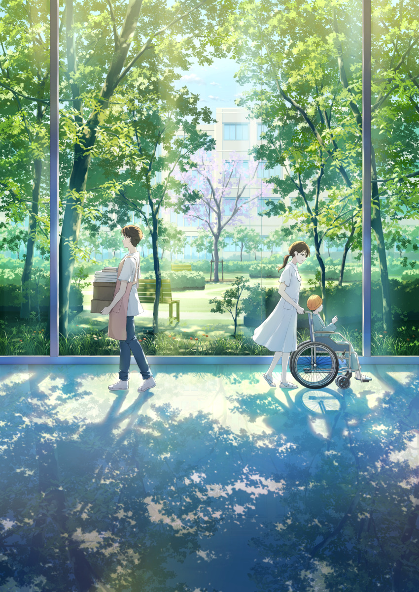 1girl 2boys anyotete bench brown_hair building day dress highres hospital_gown multiple_boys multiple_girls orange_headwear original outdoors park ponytail reflective_floor shadow short_hair tree very_short_hair wheelchair white_dress