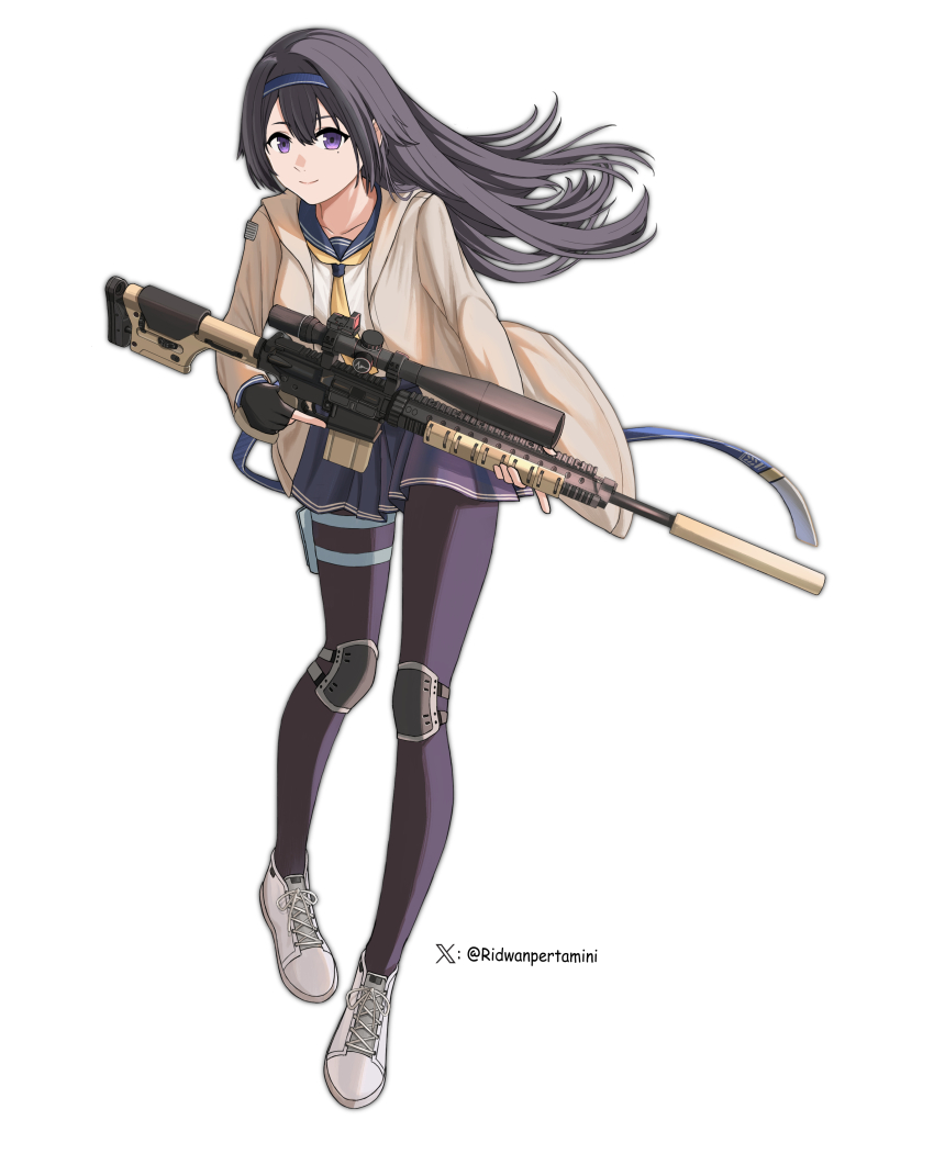 1girl absurdres ar-10 artist_name battle_rifle black_gloves black_hair black_thighhighs blue_hairband blue_sailor_collar blue_skirt closed_mouth commentary english_commentary fingerless_gloves full_body girls&#039;_frontline gloves gun hair_between_eyes hairband highres holding holding_gun holding_weapon holster hood hooded_jacket jacket knee_pads long_hair looking_at_viewer mole mole_under_eye neckerchief open_clothes open_jacket pleated_skirt purple_eyes rail_(weapon) ridwanpertamini rifle sailor_collar school_uniform scope serafuku shoes simple_background skirt smile sneakers sniper_rifle solo super_sass super_sass_(girls&#039;_frontline) suppressor thigh_holster thighhighs trigger_discipline twitter_username weapon white_background white_shoes yellow_jacket yellow_neckerchief
