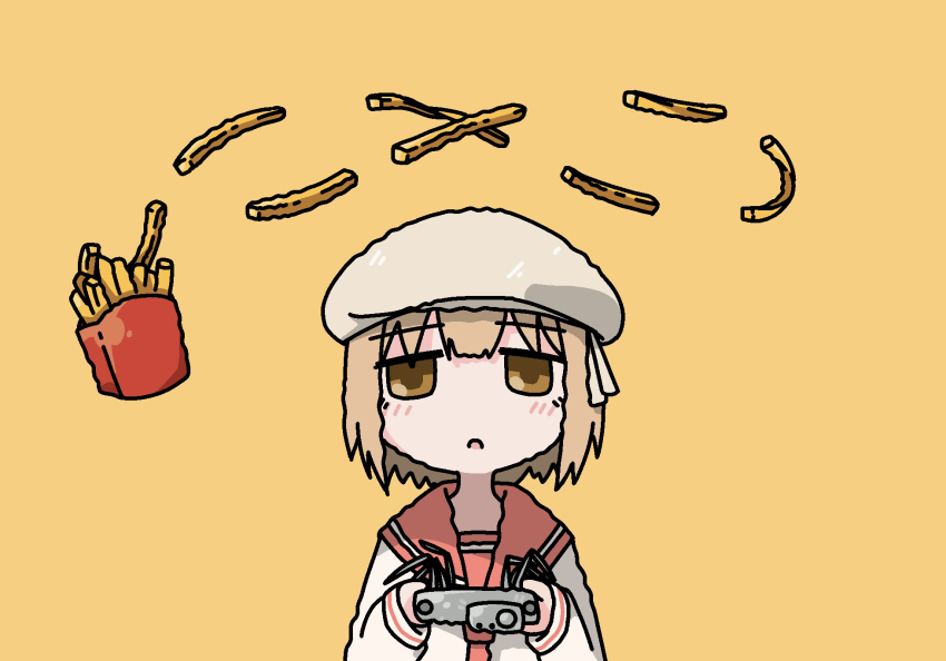 1girl blonde_hair emesan_desu floating floating_object food french_fries hat highres holding original red_sailor_collar sailor_collar short_hair simple_background solo upper_body white_hat yellow_background