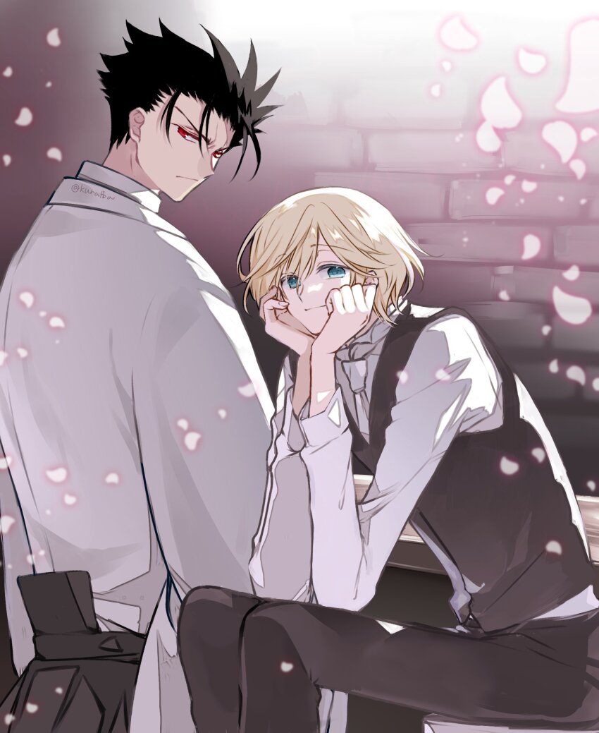 2boys black_hair black_pants black_vest blonde_hair blue_eyes brick_wall commentary_request facing_away fai_d._flowright falling_petals frown head_rest highres kurabayashi kurogane_(tsubasa_chronicle) looking_at_viewer looking_back male_focus multiple_boys necktie pants petals shirt short_hair sitting smile tsubasa_chronicle vest white_necktie white_shirt