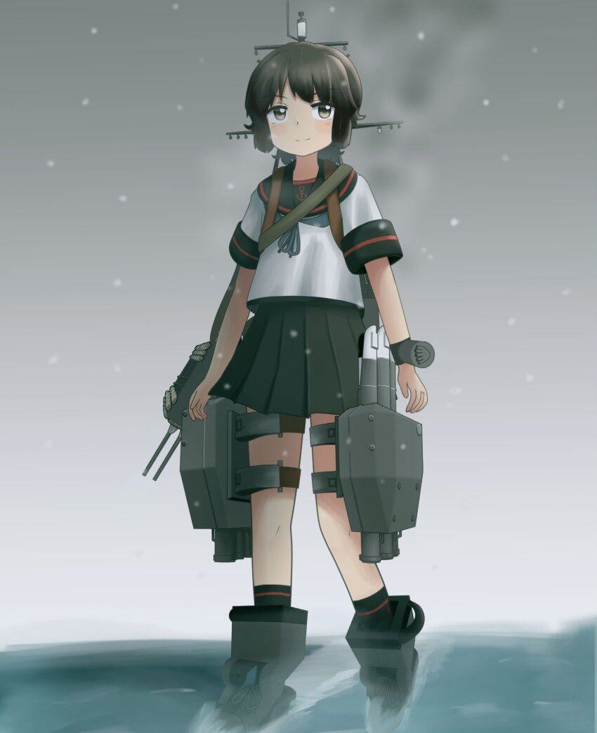 1girl black_hair black_sailor_collar black_skirt blue_neckerchief brown_eyes full_body gradient_sky grey_sky highres kantai_collection machinery mast miyuki_(kancolle) miyuki_kai_ni_(kancolle) neckerchief pleated_skirt sailor_collar sailor_shirt school_uniform serafuku shirt short_hair skirt sky smoke snow solo standing subprocedure torpedo_launcher white_shirt