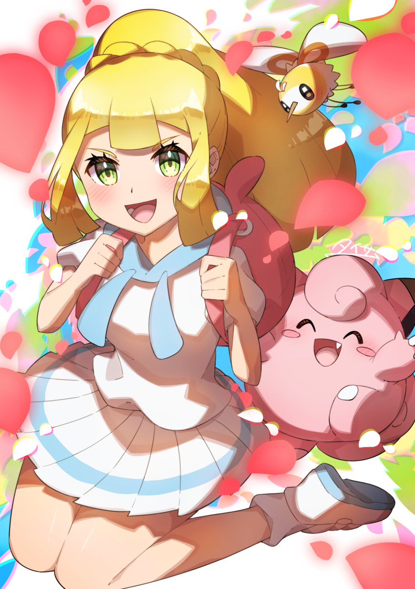 1girl absurdres backpack bag blonde_hair blush braid clefairy commentary_request cutiefly eyelashes gen_1_pokemon gen_7_pokemon green_eyes highres holding_strap lillie_(pokemon) long_hair looking_at_viewer nintendo open_mouth pink_bag pleated_skirt pokemon pokemon_(creature) pokemon_sm shoes short_sleeves sidelocks skirt smile socks taisa_(lovemokunae) teeth tongue white_legwear white_skirt