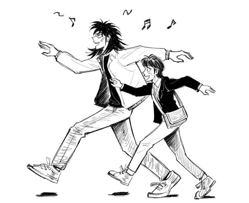 1boy 1girl bag bandaid black_hair black_jacket black_shirt collared_jacket collared_shirt grey_hair greyscale height_difference highres itou_hatsue itou_kaiji jacket kaiji long_hair monochrome mother_and_son music open_clothes open_jacket shirt shoes short_hair shoulder_bag singing sneakers striped_clothes striped_shirt walking white_jacket zyawazyawazyawa