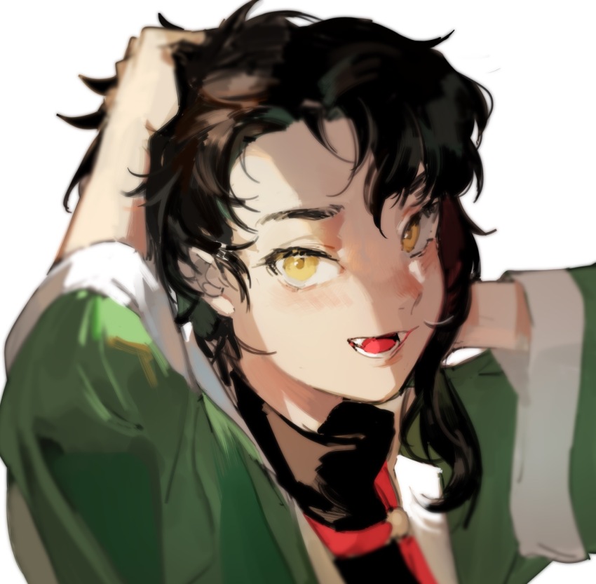 1boy arms_up black_hair blush bokyo fang fangs green_jacket hands_in_own_hair highres jacket long_sleeves looking_at_viewer male_focus open_mouth original portrait shirt simple_background smile solo upper_body white_background wide_sleeves yellow_eyes