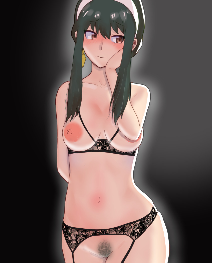1girl absurdres black_hair blush breasts brown_eyes embarrassed garter_belt highres large_breasts lingerie navel nipples pubic_hair sex solo spy_x_family underwear vegetarian_matsuzaki yor_briar