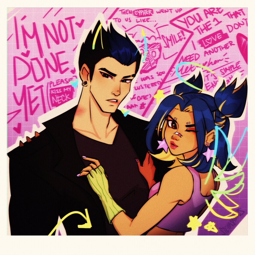 1boy 1girl absurdres animification black_eyes black_jacket black_shirt blonde_hair blue_hair breasts brown_eyes commentary dark-skinned_female dark_skin drawn_halo drawn_horns drawn_wings earrings english_commentary english_text eyebrow_cut fingerless_gloves gloves hair_behind_ear halo hand_on_another&#039;s_chest heart highres jacket jewelry medium_breasts multicolored_hair neon_(valorant) one_eye_closed parted_lips pink_background pink_lips purple_nails purple_tank_top shirt star_(symbol) star_earrings stella_(steiiasaurus) streaked_hair tank_top two_side_up v-shaped_eyebrows valorant yoru_(valorant)