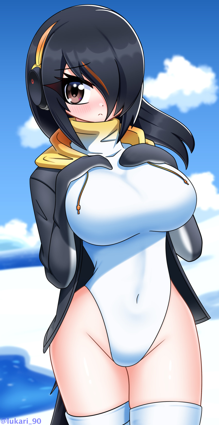 1girl artist_name black_hair black_jacket blue_sky blush breasts brown_eyes closed_mouth cloud covered_navel cowboy_shot day dot_nose embarrassed emperor_penguin_(kemono_friends) eyebrows eyelashes female_focus hair_over_one_eye hands_on_own_chest headphones hood hood_down hooded_jacket jacket kemono_friends large_breasts long_hair looking_at_viewer lukari multicolored_jacket one-piece_swimsuit open_clothes open_jacket outdoors penguin_girl penguin_tail sky solo standing swimsuit tail thighhighs two-tone_jacket white_one-piece_swimsuit white_thighhighs yellow_jacket