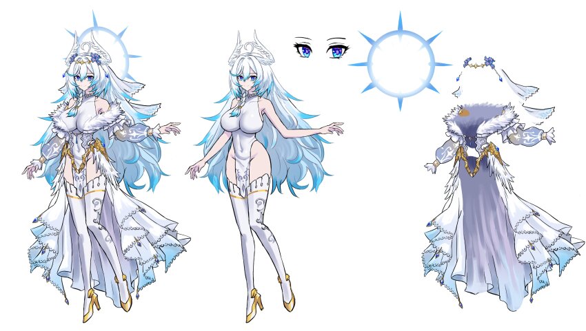 1girl absurdres ahoge blue_eyes blue_flower blue_hair braid breasts closed_mouth colored_tips covered_navel dress flower fur-trimmed_dress fur_trim gold_shoes hair_flower hair_ornament halo head_wings high_heels highres indie_virtual_youtuber large_breasts leotard long_hair long_sleeves minster_(dooke) multicolored_hair oumiya_emma pelvic_curtain reference_sheet shoes smile thighhighs virtual_youtuber white_dress white_hair white_leotard white_thighhighs white_wings wings