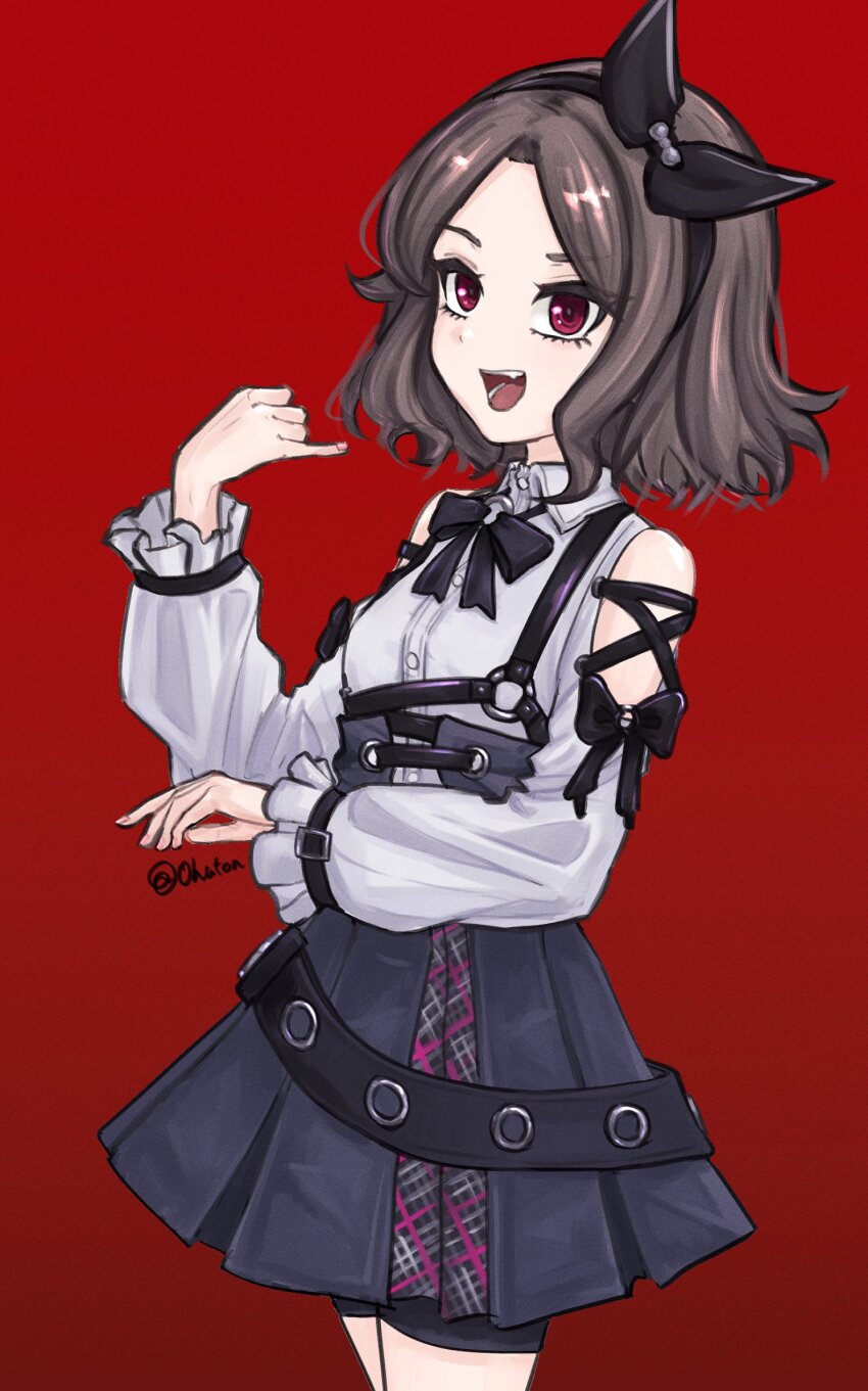 1girl belt black_bow black_bowtie black_hairband black_skirt bow bow_hairband bowtie brown_hair chest_strap clothing_cutout commentary_request ebizuka_tomo girls_band_cry gradient_background hairband highres long_sleeves medium_hair open_mouth red_background red_eyes shirt shoulder_cutout skirt smile solo tomare_(akashingou) white_shirt