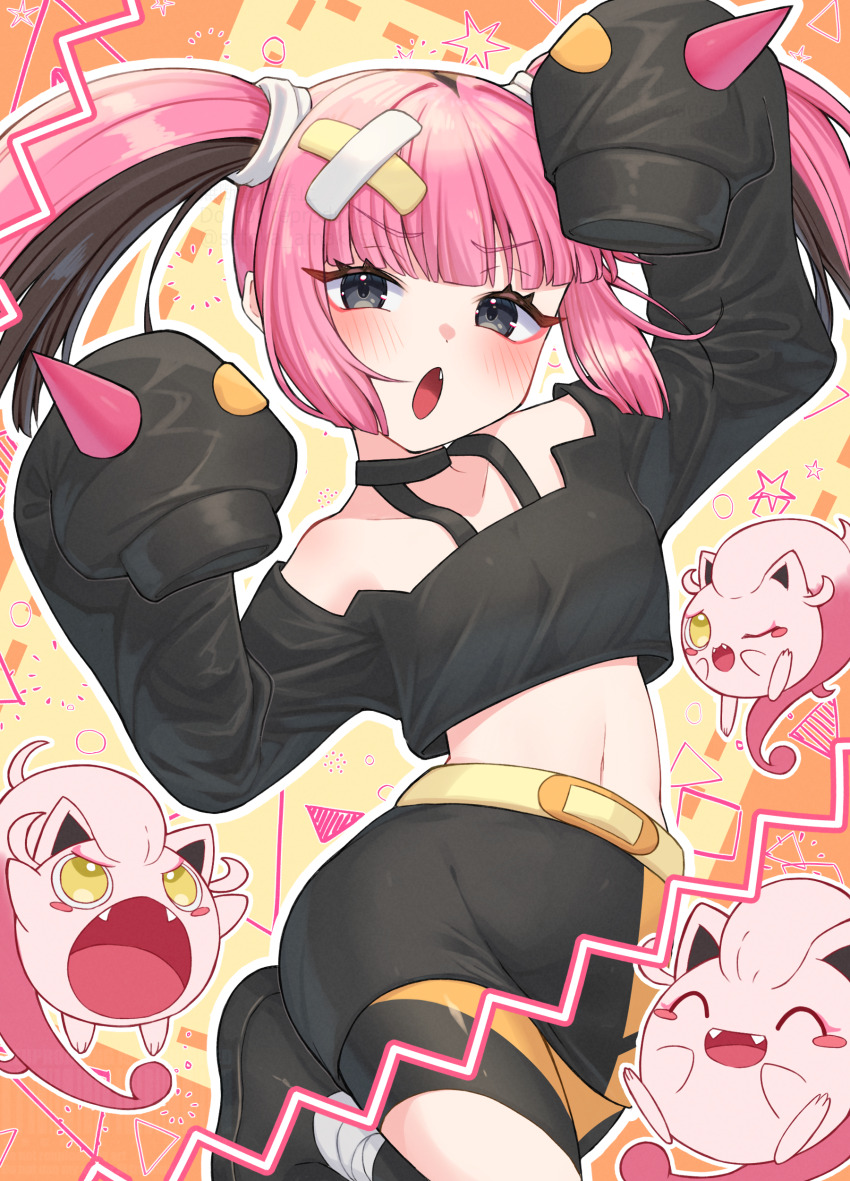 1girl :o abstract_background absurdres amakusa_setoka bandaid black_eyes black_hair black_shirt black_shorts black_sweater blush coral_(pokemon) cropped_sweater fang gen_9_pokemon highres long_hair looking_at_viewer midriff multicolored_hair navel nintendo orange_background pink_hair pokemon pokemon_(anime) pokemon_(creature) pokemon_horizons scream_tail shirt shorts sidelocks sweater twintails two-tone_background two-tone_hair yellow_background