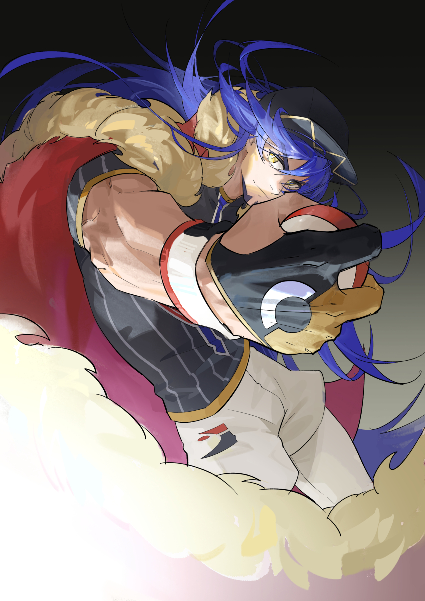 1boy absurdres black_shirt blue_hair bulge cape facial_hair fur-trimmed_cape fur_trim gloves goatee gradient_background highres holding holding_poke_ball lee999nine leon_(pokemon) long_hair male_focus nintendo poke_ball pokemon pokemon_swsh red_cape shirt shorts solo white_shorts yellow_eyes