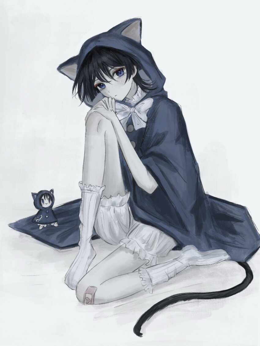 1boy alternate_costume animal_ear_hood bandaid bandaid_on_leg bloomers blue_cloak blue_hood blunt_ends bow cat_boy cat_tail character_doll cloak closed_mouth eyelashes eyeliner eyeshadow fake_animal_ears frilled_socks frills genshin_impact hands_on_own_knee highres hood hood_up hooded_cloak knee_up light_blush makeup male_focus official_alternate_costume pale_skin purple_eyes red_eyeliner red_eyeshadow ribbed_socks scaramouche_(genshin_impact) sitting socks solo tail underwear white_background white_bloomers white_bow white_socks wispy_bangs yoruli_e