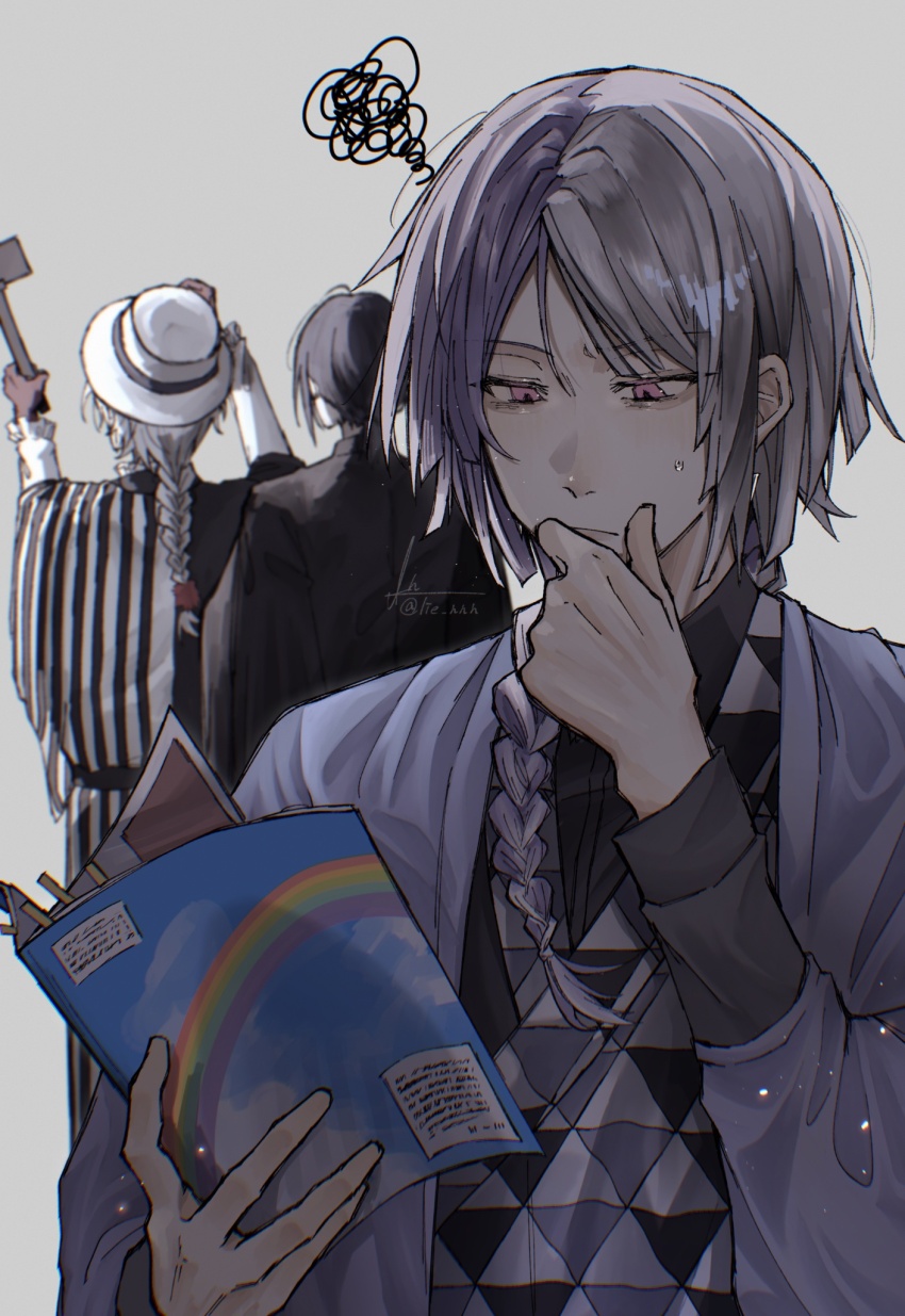 3boys black_hair black_kimono black_shirt book braid bungou_stray_dogs closed_mouth cowboy_shot fyodor_dostoyevsky_(bungou_stray_dogs) grey_background grey_hair hand_up haori hat highres holding holding_book japanese_clothes kimono lie_nnn long_hair long_sleeves male_focus multicolored_hair multiple_boys nikolai_gogol_(bungou_stray_dogs) pink_eyes purple_hair shirt short_hair sigma_(bungou_stray_dogs) single_braid standing sweatdrop two-tone_hair two-tone_kimono upper_body white_hair white_headwear white_kimono